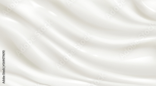 Texture of white yogurt, milk or cream surface. Abstract background with soft silk fabric, liquid yoghurt, dairy product or cosmetic creme, vector realistic illustration