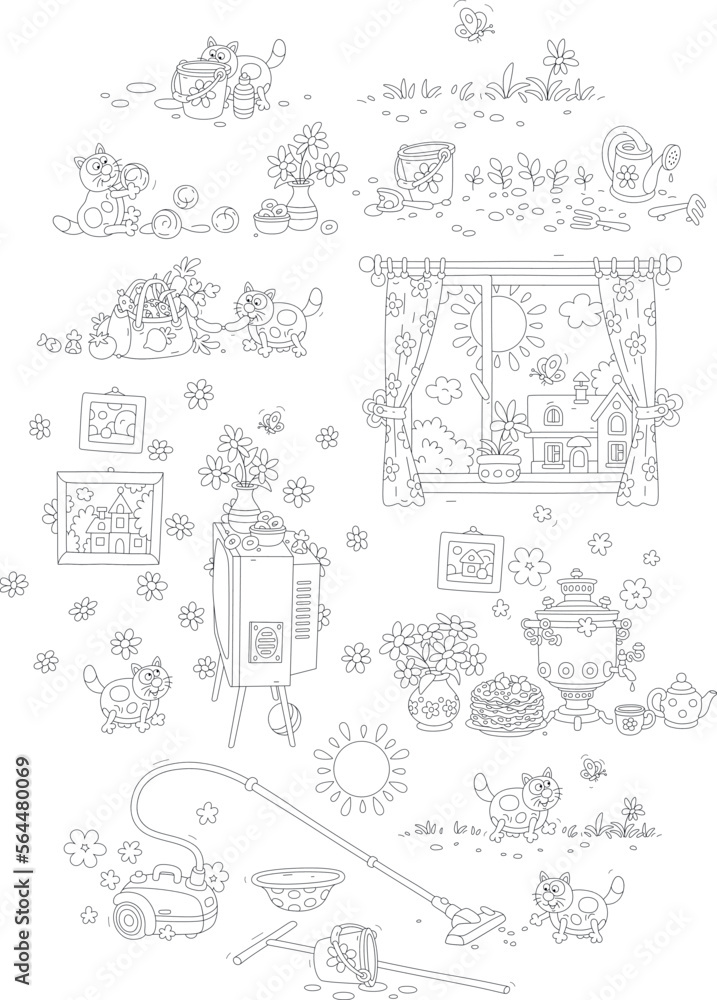 Cartoon set of a funny plump cat and various household things, collection of black and white outline vector illustrations for a coloring book
