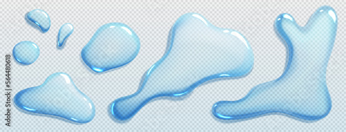 Liquid spills, water drops and puddles isolated on transparent background. Clear droplets of pure aqua, blue cosmetic serum or gel in top view, vector realistic set