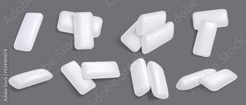 White chewing gums, mint candies for fresh breath. Piles of sweet menthol bubble gum pads, chewy candies isolated on transparent background, vector realistic illustration