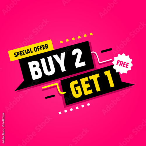 Buy 2 Get 1 Free, banner. Sale banners design template. Special offer buy 2 get 1 free. Flat style vector illustration.

