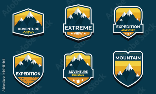 Set Of Summer Camp Badges On The Wood Board. Vector. Concept For Shirt , Print, Stamp, Travel Badges Or Tee. Design With Rv Trailer, Camping Tent, Campfire, Pot On The Fire, Axe And Forest Silhouette