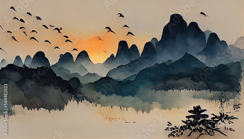 At sunset, there is a continuous landscape with thousands of birds nesting in the mountains