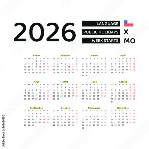 Chile Calendar 2026. Week starts from Monday. Vector graphic design. Spanish language.