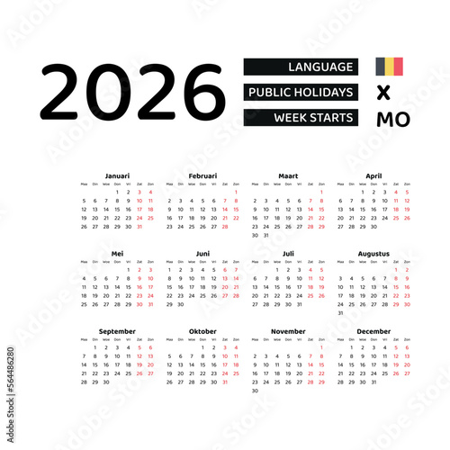 Belgium Calendar 2026. Week starts from Monday. Vector graphic design. Dutch language..