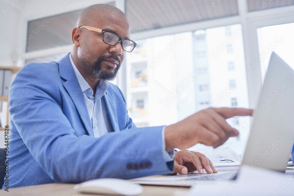 Thinking, black man point and business computer of an accounting website developer with idea. Laptop, working and web design research of a tech employee planning digital innovation project with data Thinking, black man point and business computer of an accounting website developer with idea. Laptop, working and web design research of a tech employee planning digital innovation project with data