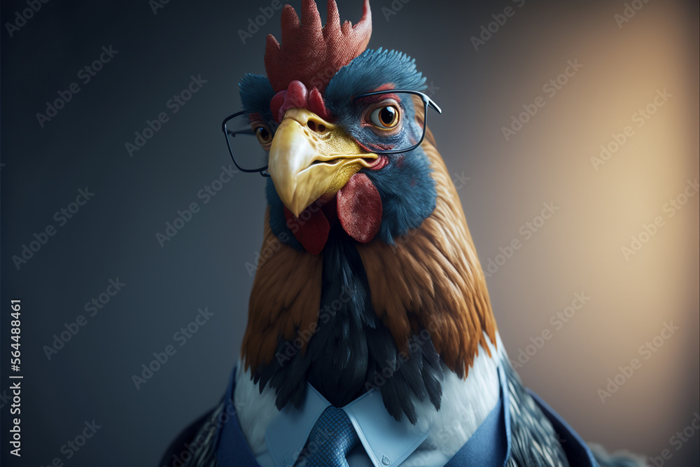 Beautiful portrait of a Eye glasses Hen dressed in a formal business suit, Generative AI