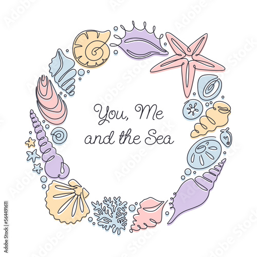 Monochrome seashells wreath, one line with endless infinite contour doodle drawing. Frame of abstract shapes of ocean shells isolated on white. Vector illustration simple modern style