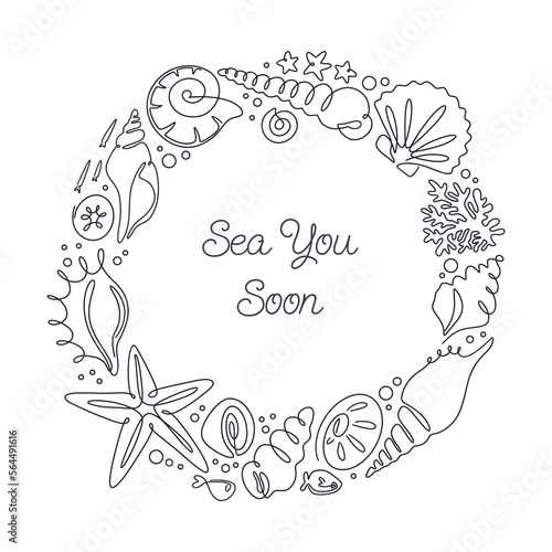 Monochrome seashells wreath, one line with endless infinite contour doodle drawing. Frame of abstract shapes of ocean shells isolated on white. Vector illustration simple modern style
