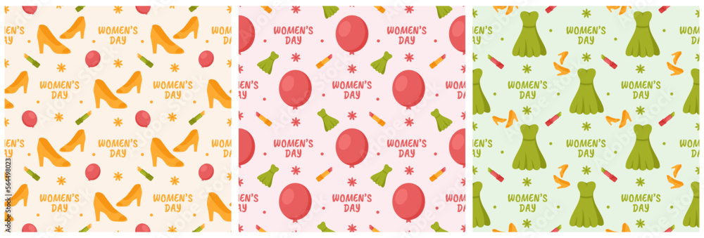 Set of Women Day Seamless Pattern Design with Girl Ornament in Template Hand Drawn Cartoon Flat Illustration