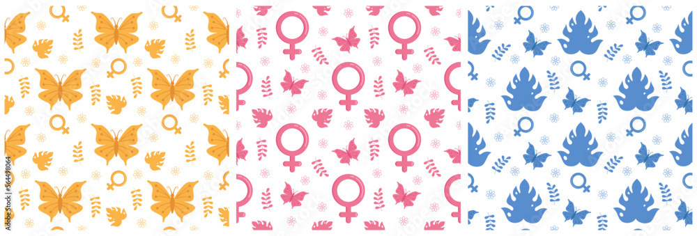 Set of Women Day Seamless Pattern Design with Girl Ornament in Template Hand Drawn Cartoon Flat Illustration Set of Women Day Seamless Pattern Design with Girl Ornament in Template Hand Drawn Cartoon Flat Illustration
