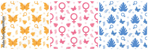 Set of Women Day Seamless Pattern Design with Girl Ornament in Template Hand Drawn Cartoon Flat Illustration