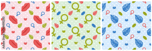 Set of Women Day Seamless Pattern Design with Girl Ornament in Template Hand Drawn Cartoon Flat Illustration