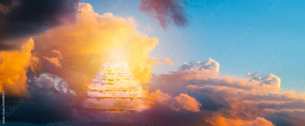 Religion concept,banner copy space background.Stairway Leading Up To Heavenly Sky Toward The Light.Magical dream,nature backdrop and spiritual holiday religious concept.Soft focus.