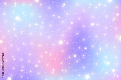 Rainbow unicorn background. Pastel gradient color sky with glitter stars. Magic pink galaxy space. Vector fairy abstract pattern.