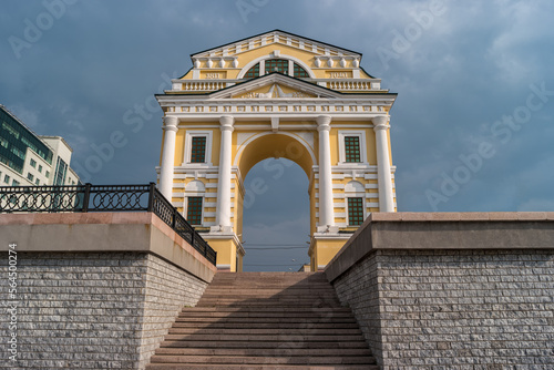 Low point of view on Triumphal Arch Moscow Gates in Irkutsk city, Russia.