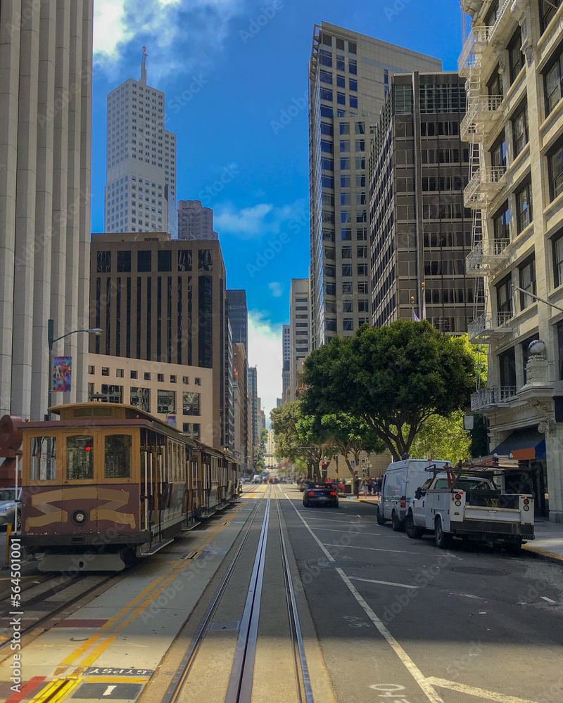 Landmarks, skyscrapers, towers, building facades and city view cityscape street sceneries skyline panorama of downtown San Francisco, California travel destination
