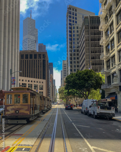 Landmarks, skyscrapers, towers, building facades and city view cityscape street sceneries skyline panorama of downtown San Francisco, California travel destination