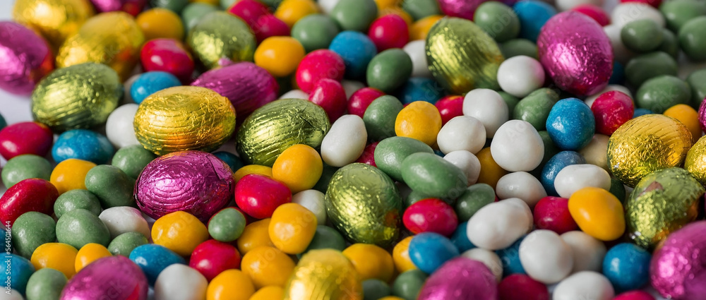 A beautiful postcard. Banner. The concept of a bright Easter holiday. Chocolate Easter eggs on a white isolated background. Sweets and sweets. A beautiful postcard. Banner. The concept of a bright Easter holiday. Chocolate Easter eggs on a white isolated background. Sweets and sweets.