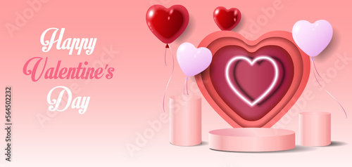 Happy Valentine's Day poster. Holiday background with red and pink balloons, neon heart, round stage, and pink podium.