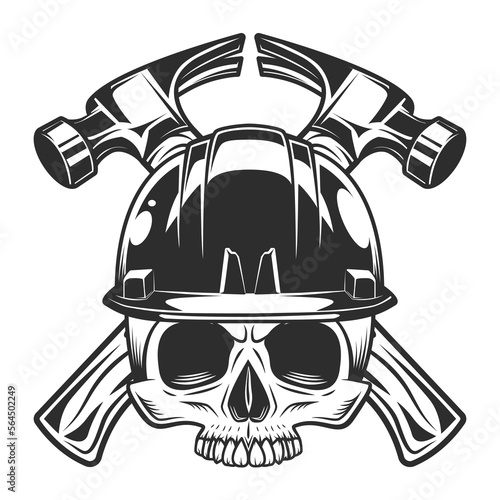 Business builder crossed hammers from new construction and remodeling house with half skull and hard hat in monochrome vintage style illustration
