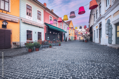 Street with Colorful Houses and Restaurants in The Historical City Center of Szentendre at Sunrise. Hungary.