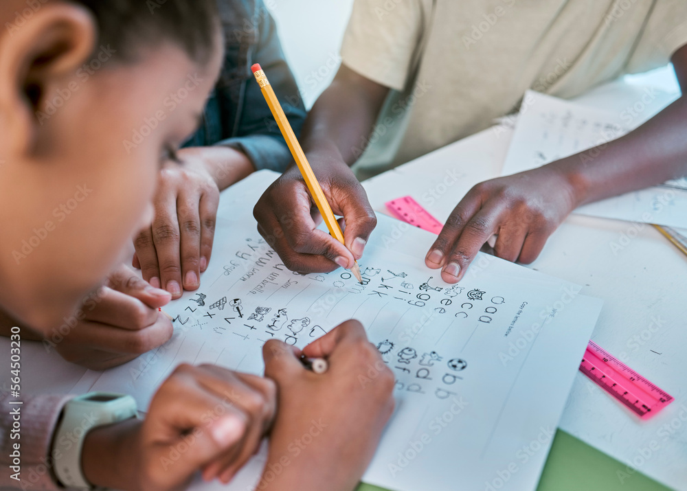School, children and hands writing for teamwork with learning activity in classroom group together. Young kids and students working on literacy and academic exercises for development at desk. School, children and hands writing for teamwork with learning activity in classroom group together. Young kids and students working on literacy and academic exercises for development at desk.