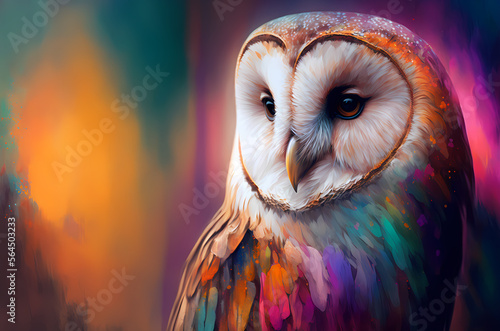 fantasy abstract portrait barn owl with a colorful, generative ai