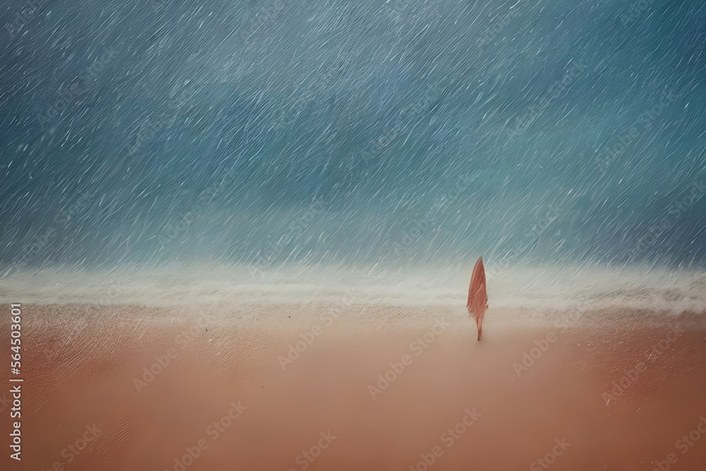 Fototapeta premium Silhouette of a person walking on a beach under the rain, generative ai illustration, very soft pastel colors