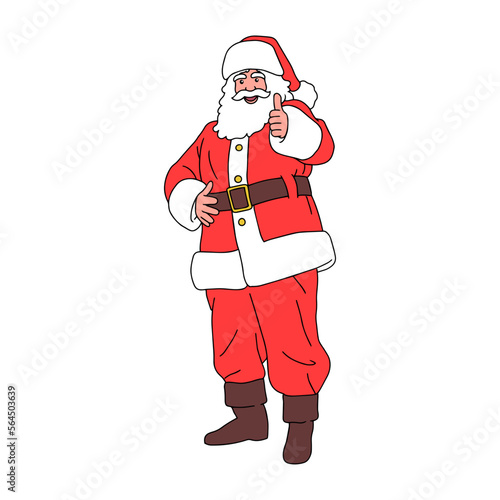Vector cartoon illustration of cute traditional Santa Claus character showing thumbs up on christmas day