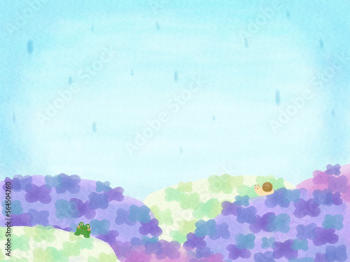 水彩画 紫陽花とカエルとカタツムリのイラスト背景素材