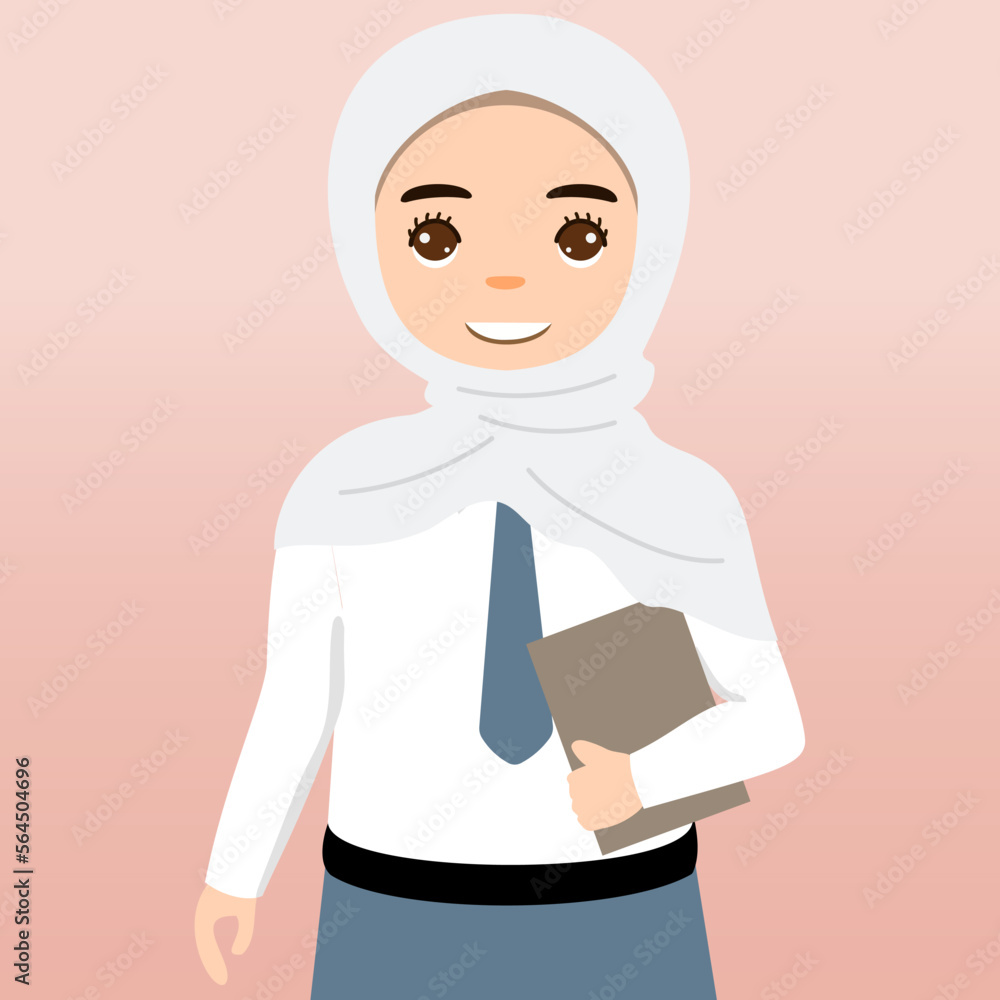 

Cute Senior High School Boy Girl Wearing Gray and White Uniform Cartoon Vector Illustration. Portrait of an Senior High School student. School students children with backpacks, books, macbook.