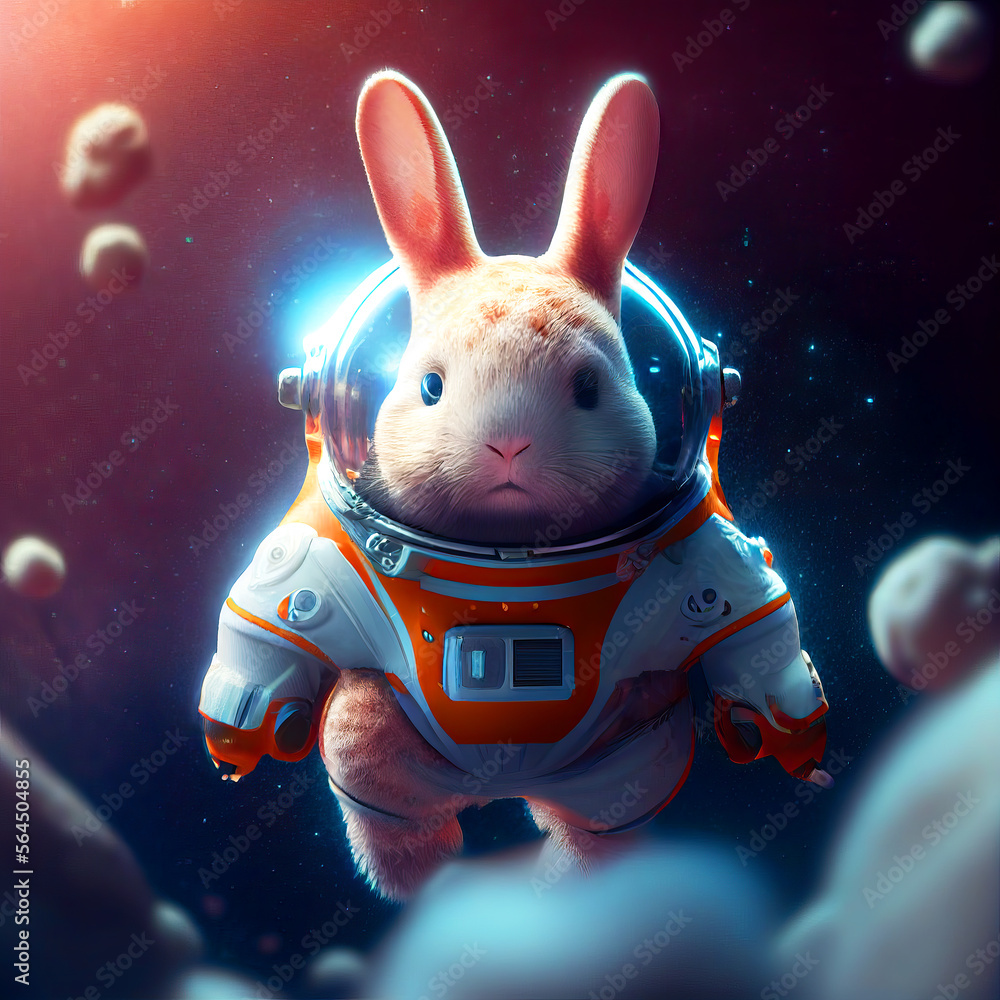 Funny Rabbit wear space suit floating in the space generative ai ...