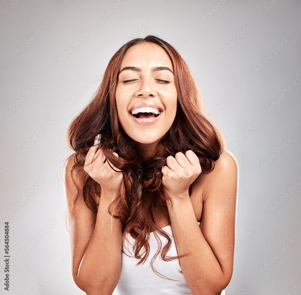 Healthy hair, hands and woman in studio for beauty, color and salon treatment on grey background. Happy, girl and model excited for luxury, care and strong, shine and keratin results isolated Healthy hair, hands and woman in studio for beauty, color and salon treatment on grey background. Happy, girl and model excited for luxury, care and strong, shine and keratin results isolated