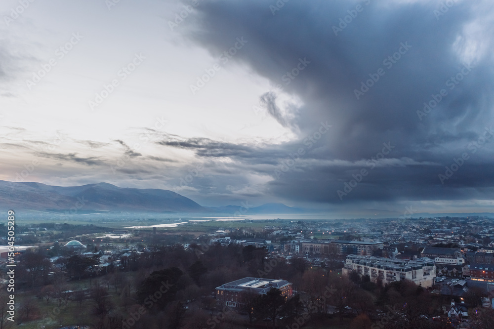 Tralee in Ireland from above, dramatic sky, beautiful clouds, sunset. High quality photo