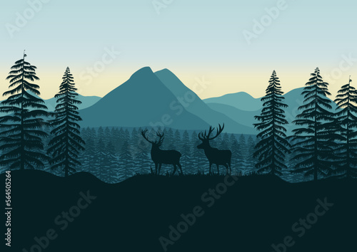 Mountain landscape with moose in the pine forest. Vector illustration.