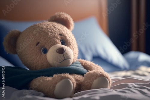 Teddy bear laying in bed and feeling sick. Generative AI.