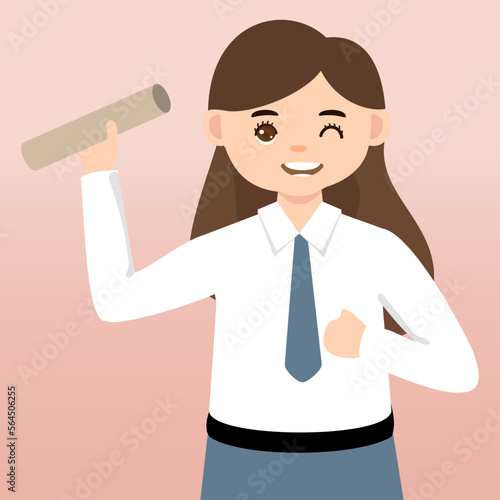 Cute Senior High School Boy Girl Wearing Gray and White Uniform Cartoon Vector Illustration. Portrait of an Senior High School student. School students children with backpacks, books, macbook.