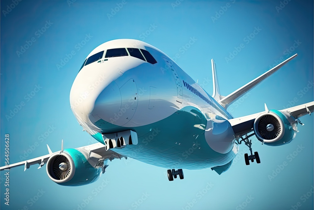 Fototapeta premium Airplane flying high in the blue sky. Generative AI