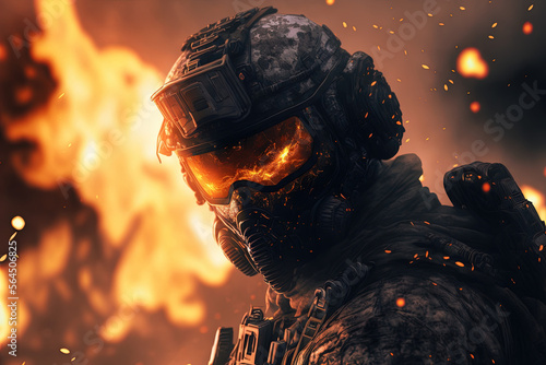 Soldier Character at War. Explosion and Fire. Helmet and mask gear. 
