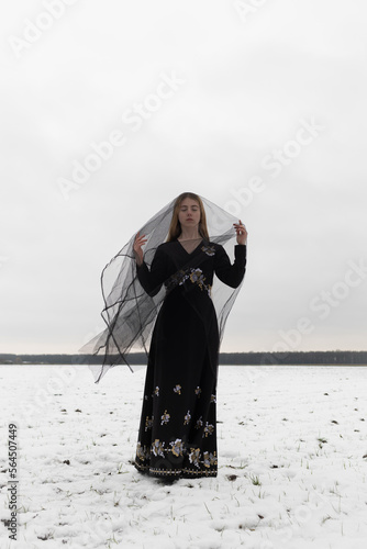 portrait of woman in black dress and veil standing in whiite winter landscape with snow photo