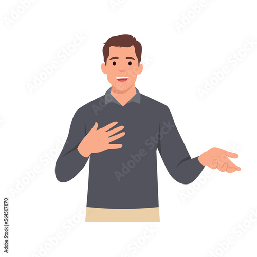 Young man standing and talking with hand gesture trying to convict. Flat vector illustration isolated on white background