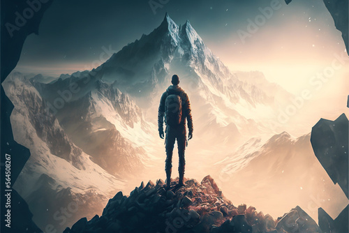 A brave man stands a top a mountain, conquering his fears and embracing the challenge. Adventure to discover himself and push his limits. Determination and courage, strength and resilience.