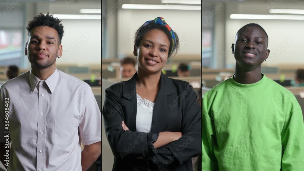Split screen, portraits of a dark-skinned office workers against the background of international office space, managers looks at the camera and smiles, multiscreen. Split screen, portraits of a dark-skinned office workers against the background of international office space, managers looks at the camera and smiles, multiscreen.
