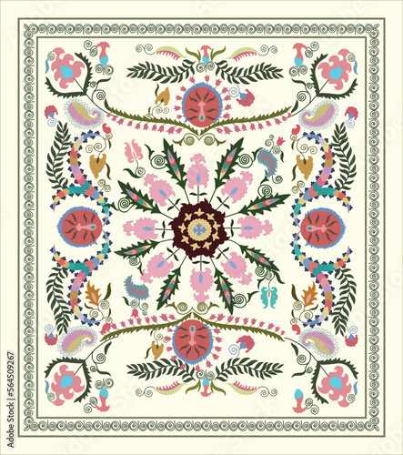 Suzani - a traditional textile product in Uzbekistan, a home interior element. Nowadays using for decorating fashion outfits and other creative elements. 