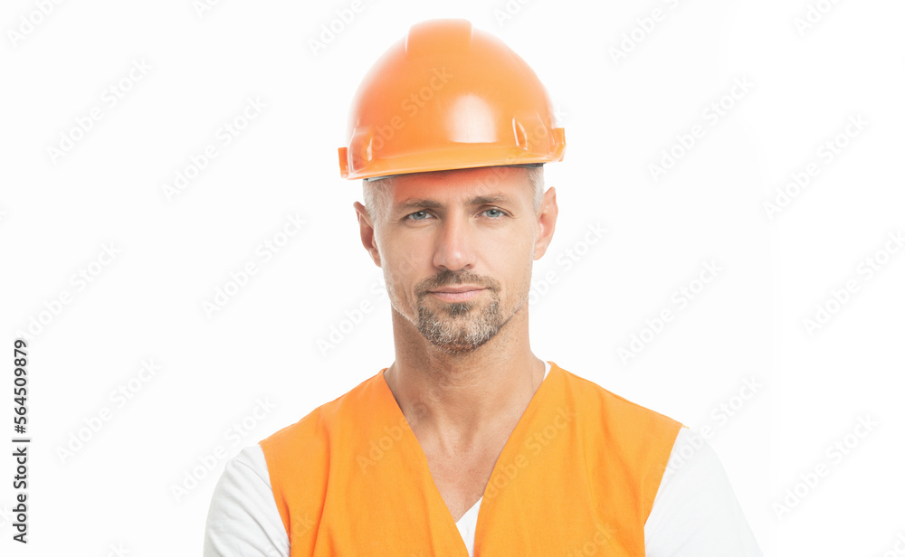 portrait photo of man worker wearing reflective vest. man worker isolated on white. portrait photo of man worker wearing reflective vest. man worker isolated on white.