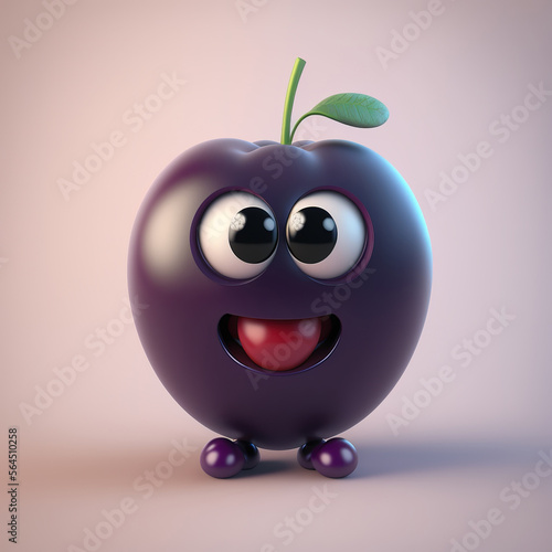 Cute Happy Plum Character Cartoon 3D. Generative AI