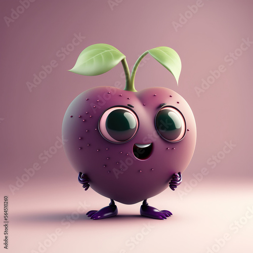 Cute Happy Plum Character Cartoon 3D. Generative AI