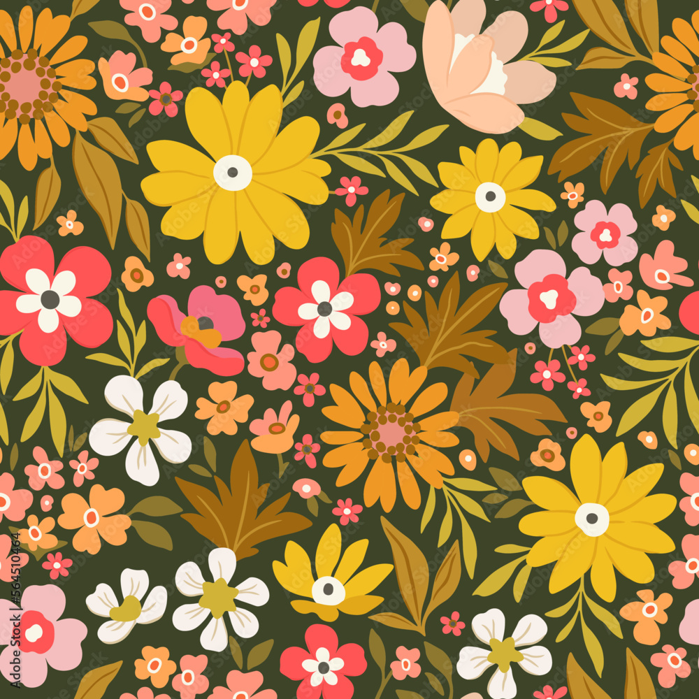 Floral pattern of large yellow, red and orange flowers on a dark green background. Rustic chic.