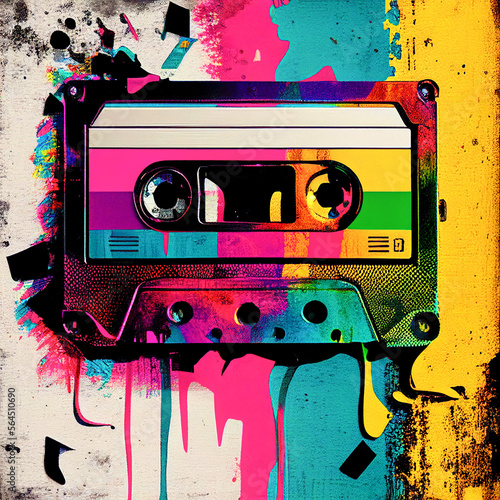 Cassette music tape fusion of contemporary art and old fashioned style. Pop art background, colorful colors, collage of celebration and party. Illustration. Generative AI.